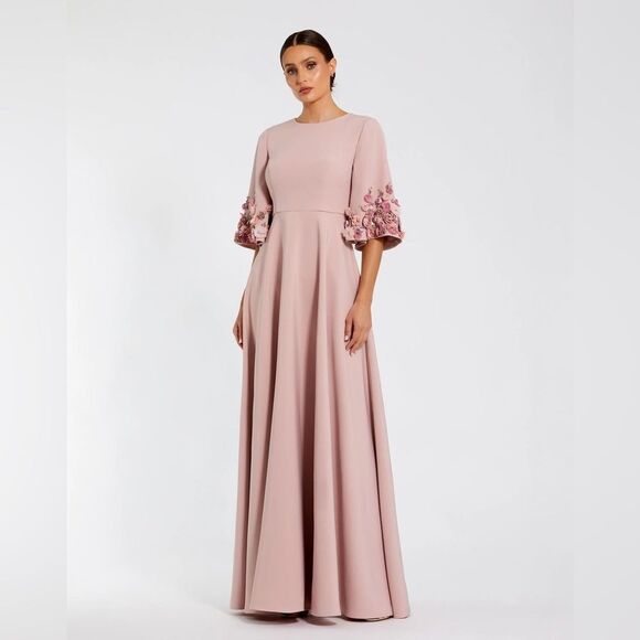 MAC DUGGAL 11854 Pink Crepe 3/4 Sleeve A-line Gown With Flower Trim - Picture 2 of 13